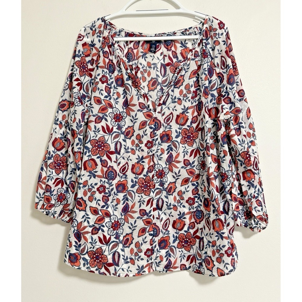 Women's XXL Gap Red Pattern Boho Peasant Blouse‎ 100% Cotton V Neck